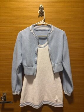 ALO Yoga White Knit Dress with Light Blue Cropped Jacket